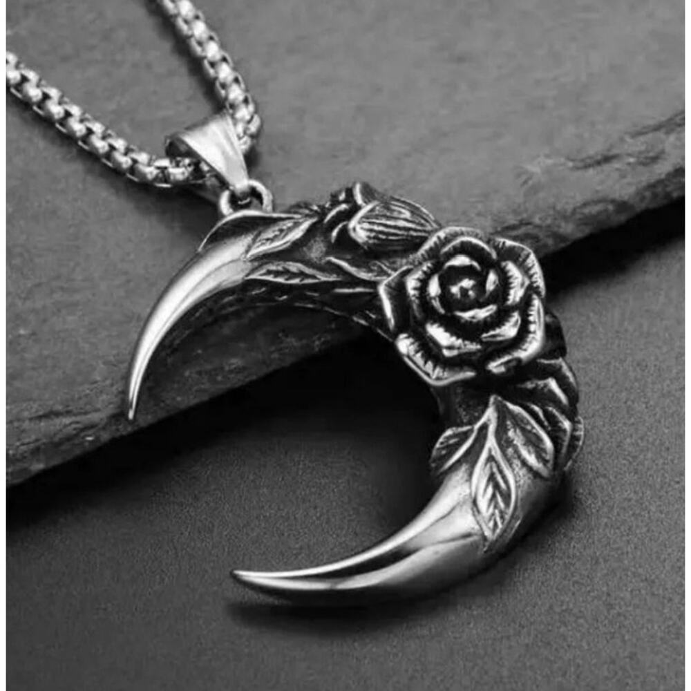 Silver Goth Crescent Rose Moon Chain Necklace - Picture 2 of 4